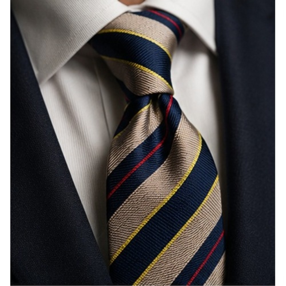 Vintage Tom James Royal Classic Silk Repp Stripe Tie Navy Tan USA Handmade